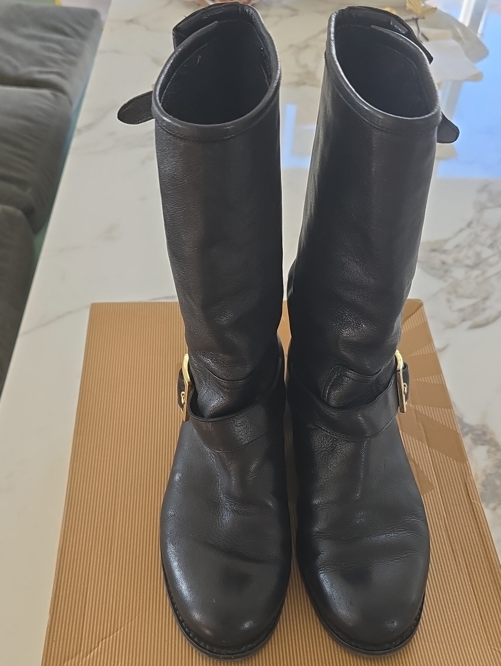 Women's Black Leather Mid-Calf Heeled Buckle Boots With Warm Lining.
